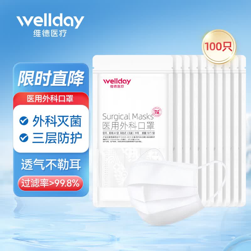 14.8元抢维德一次性医用口罩白色100只